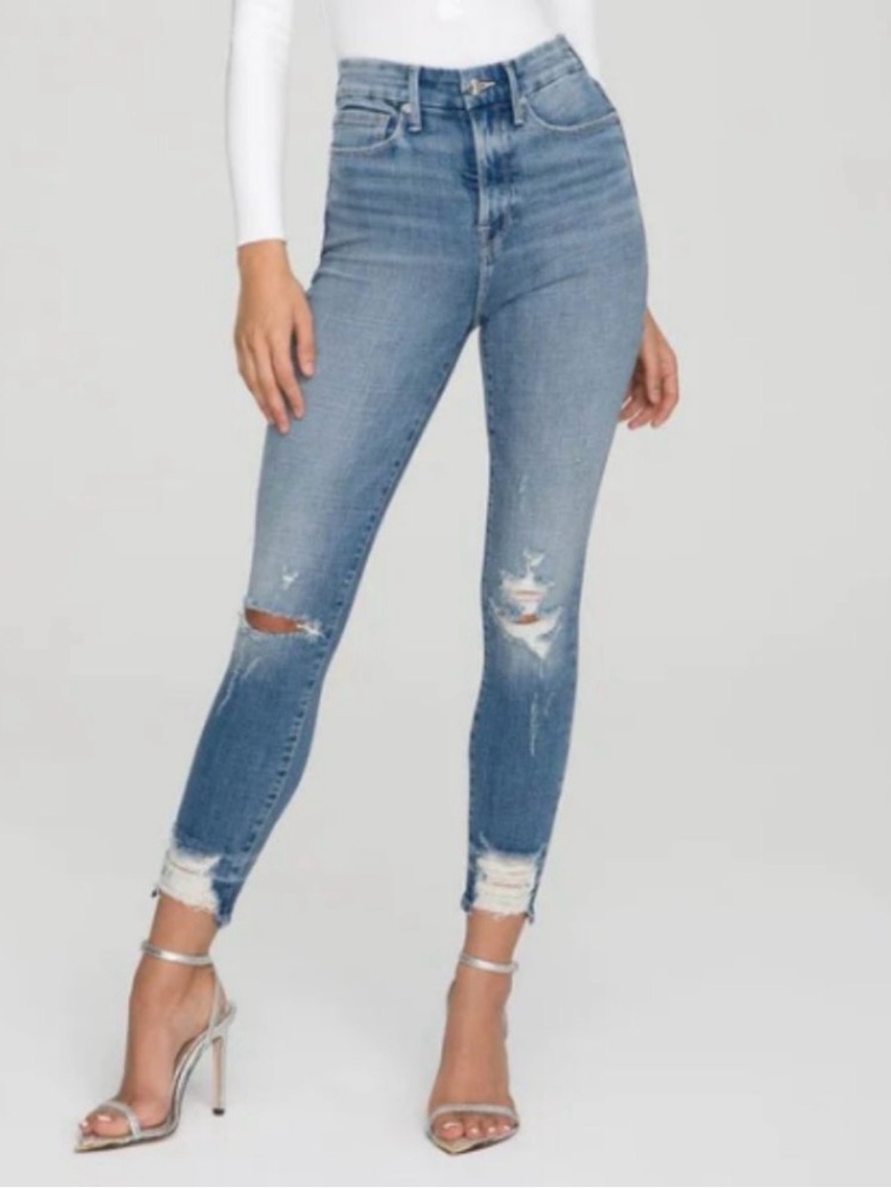 8/28 Good American Good Waist Lt Blue High-Rise Distressed Cropped Skinny Jeans